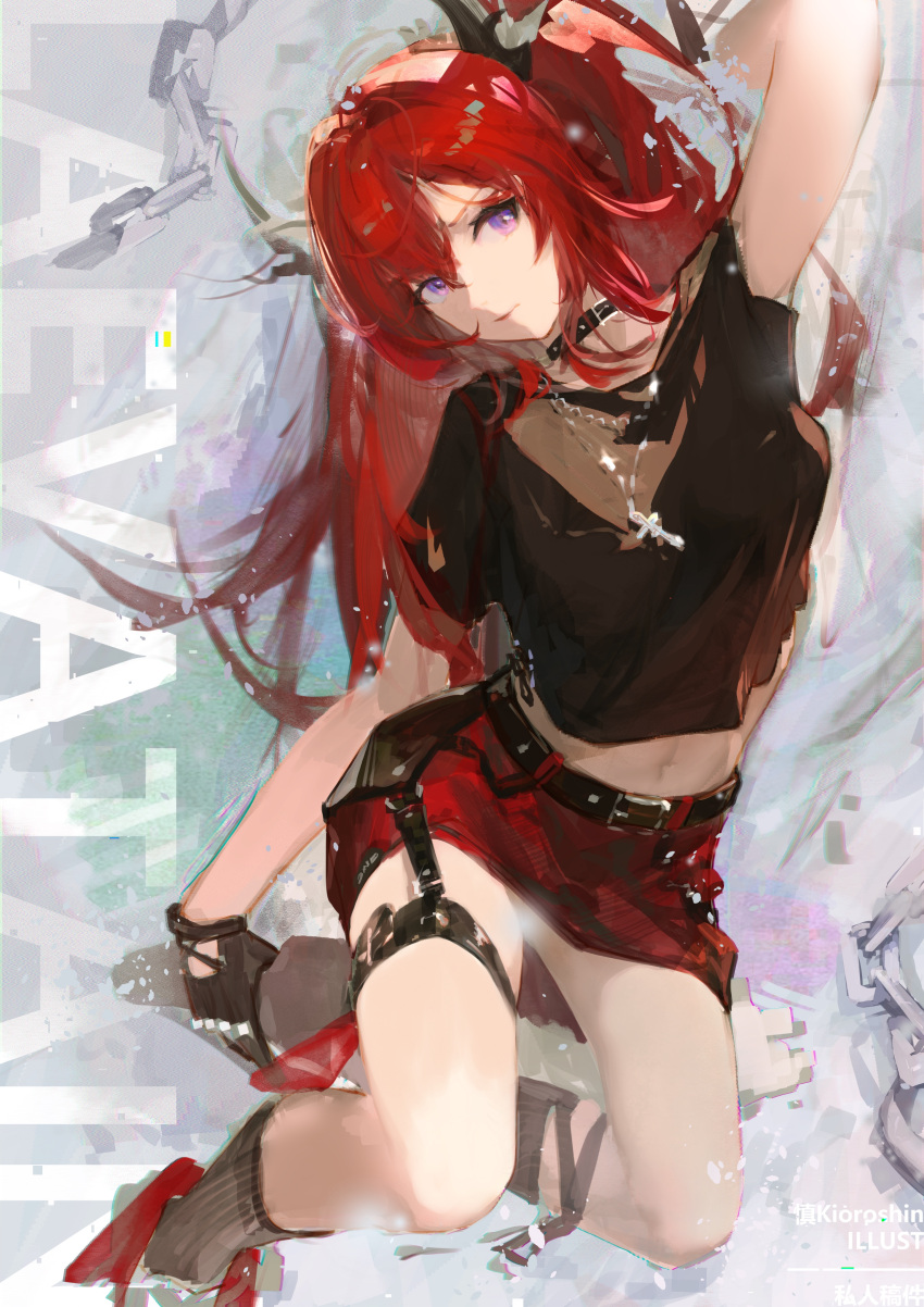 1girl absurdres arknights arm_behind_head artist_name bangs belt black_shirt breasts chain choker cross gloves highres holding_own_foot horns jewelry kioroshin long_hair midriff navel necklace official_alternate_costume red_skirt redhead shirt short_sleeves skirt socks solo surtr_(arknights) surtr_(liberte_echec)_(arknights) thigh_strap thighs violet_eyes