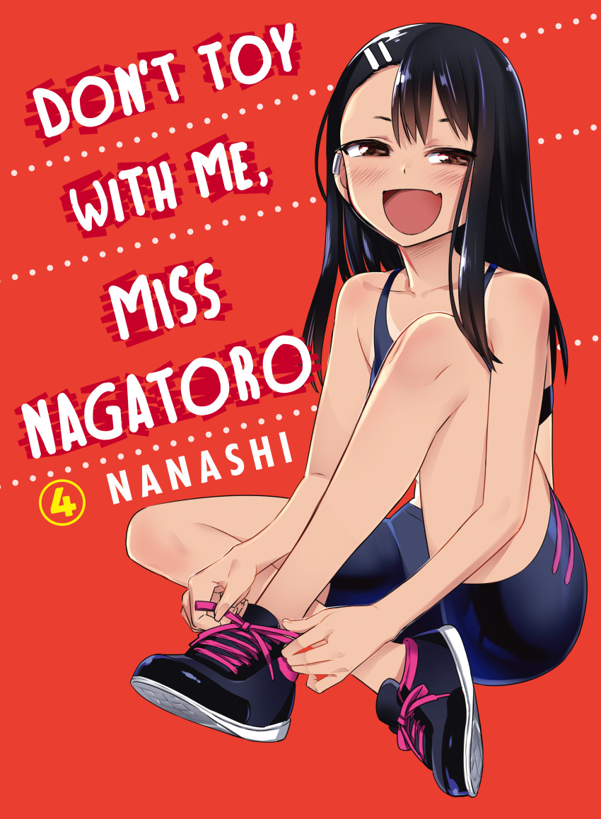 1girl 774_(nanashi) :d absurdres bangs bike_shorts black_hair blush breasts brown_eyes copyright_name dark-skinned_female dark_skin ear_piercing english_text fang full_body hair_ornament hairclip highres ijiranaide_nagatoro-san invisible_floor long_hair looking_at_viewer midriff nagatoro_hayase no_socks official_art one-piece_tan open_mouth piercing red_background shoes sitting skin_fang small_breasts smile sneakers solo swept_bangs tan tanline torrent_source tying_footwear