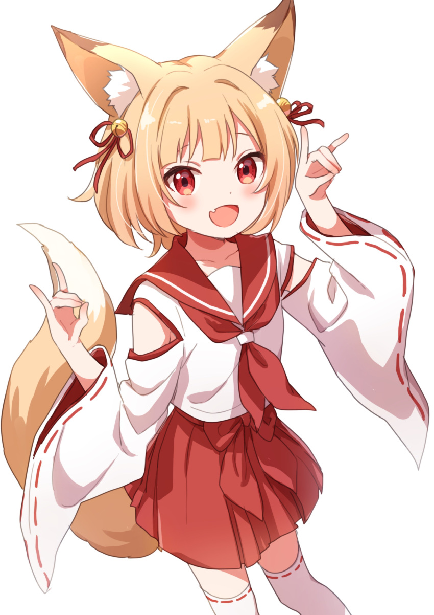 1girl absurdres animal_ears bangs bell blonde_hair bob_cut buchi_(y0u0ri_) clothing_cutout commentary cowboy_shot double_fox_shadow_puppet fang fox_ears fox_girl fox_shadow_puppet fox_tail hair_bell hair_ornament hakama_skirt highres long_sleeves looking_at_viewer miniskirt neckerchief open_mouth original red_eyes red_neckwear red_sailor_collar red_skirt ribbon-trimmed_legwear ribbon-trimmed_sleeves ribbon_trim sailor_collar short_hair shoulder_cutout simple_background skin_fang skirt smile solo standing tail thigh-highs white_background white_legwear wide_sleeves