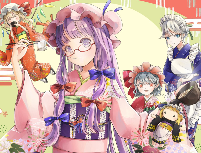 4girls :d ^_^ blue_eyes blush character_doll chopsticks closed_eyes crystal drinking eating flandre_scarlet floral_print flying hat holding holding_chopsticks izayoi_sakuya japanese_clothes kimono kirisame_marisa long_hair maid_headdress mob_cap mochi mochi_trail multiple_girls obi open_mouth patchouli_knowledge pink_eyes poteimo_(poteimo622) purple_hair remilia_scarlet sash simple_background smile touhou very_long_hair violet_eyes wings witch_hat