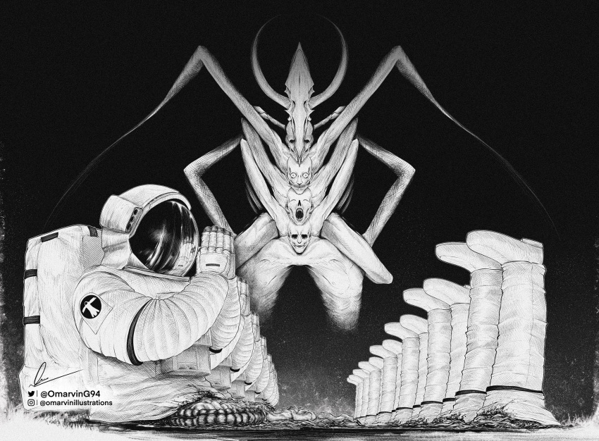 absurdres arms_behind_back astronaut bisected black_background blood chainsaw_man closed_eyes cowboy_shot darkness_devil extra_arms fisheye glasgow_smile greyscale guro highres horns intestines looking_at_viewer marvin_(omarvin) monochrome monster multiple_heads no_eyes own_hands_together saliva sharp_teeth skull solo_focus space_helmet spacesuit standing stitched_mouth stitches sunken_cheeks teeth wide-eyed