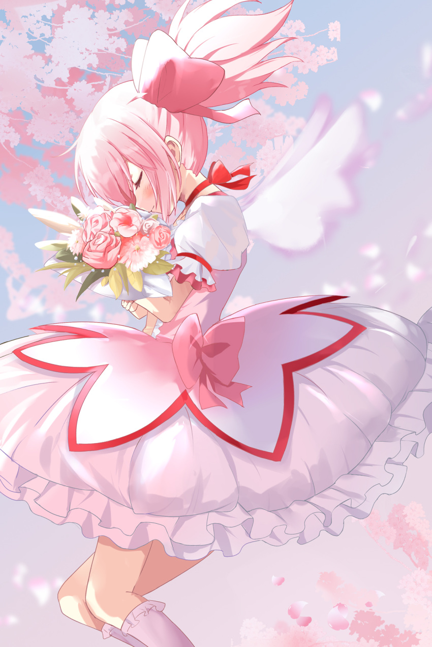 1girl blurry blurry_background bouquet bow bubble_skirt cherry_blossoms choker closed_eyes closed_mouth eyelashes feet_out_of_frame floating_hair flower frilled_legwear frilled_skirt frilled_sleeves frills from_side gradient gradient_background hair_ribbon happy head_down highres kaname_madoka leaf legs_together light_blue_background light_smile mahou_shoujo_madoka_magica petals pink_background pink_bow pink_flower pink_hair pink_rose pink_theme profile puffy_short_sleeves puffy_sleeves red_choker red_ribbon ribbon ribbon_choker rikopin rose shiny shiny_hair short_sleeves short_twintails silhouette simple_background skirt socks solo tree_branch twintails waist_bow white_flower white_legwear white_rose white_skirt white_wings wings