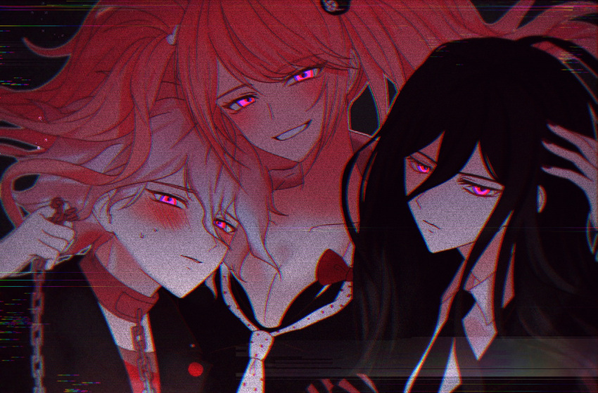 3girls ahoge bangs bear_hair_ornament black_hair black_jacket blush bow bra breasts chain collar collarbone collared_shirt commentary_request dangan_ronpa:_trigger_happy_havoc dangan_ronpa_(series) dangan_ronpa_2:_goodbye_despair dangan_ronpa_another_episode:_ultra_despair_girls enoshima_junko grey_hair grin hair_between_eyes hair_ornament hand_up heart holding holding_chain jacket kamukura_izuru komaeda_nagito long_hair looking_at_viewer metal_collar multiple_girls nail_polish necktie open_clothes open_jacket pale_skin pink_eyes polka_dot polka_dot_bow porary red_bow shirt smile striped striped_shirt sweatdrop twintails underwear