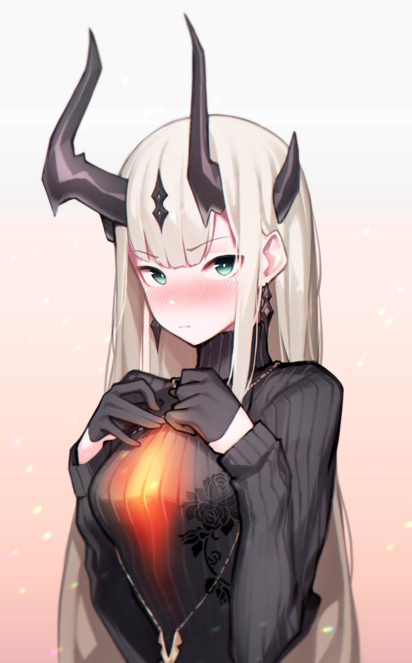 1girl absurdres arknights beudelb black_gloves black_sweater blush dragon_horns earrings gloves glowing gradient gradient_background green_eyes grey_hair hands_on_own_chest highres horns jewelry long_hair looking_at_viewer necklace reed_(arknights) ribbed_sweater solo sweater upper_body