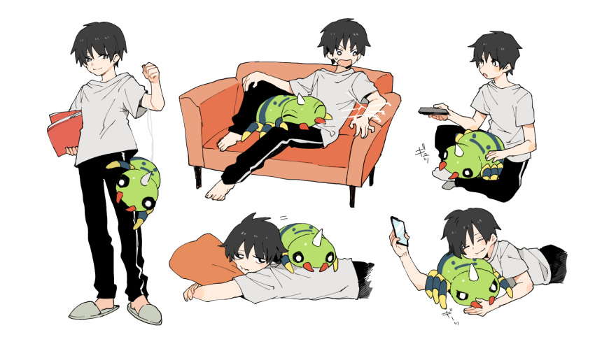 1boy bangs barefoot black_eyes black_pants cellphone closed_eyes closed_mouth commentary_request couch gen_2_pokemon grey_footwear highres holding holding_phone male_focus multiple_views newo_(shinra-p) on_lap pants phone pokemon pokemon_(creature) pokemon_on_back pokemon_on_lap shirt short_hair short_sleeves simple_background sitting slippers smile spinarak standing t-shirt toes white_background