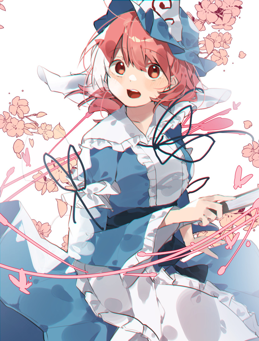 1girl absurdres blue_headwear blue_kimono breasts bug butterfly cherry_blossoms fan flower folding_fan gominami hat highres holding holding_fan insect japanese_clothes kimono large_breasts long_sleeves looking_at_viewer mob_cap open_mouth pink_eyes pink_hair saigyouji_yuyuko short_hair solo touhou triangular_headpiece upper_body white_background