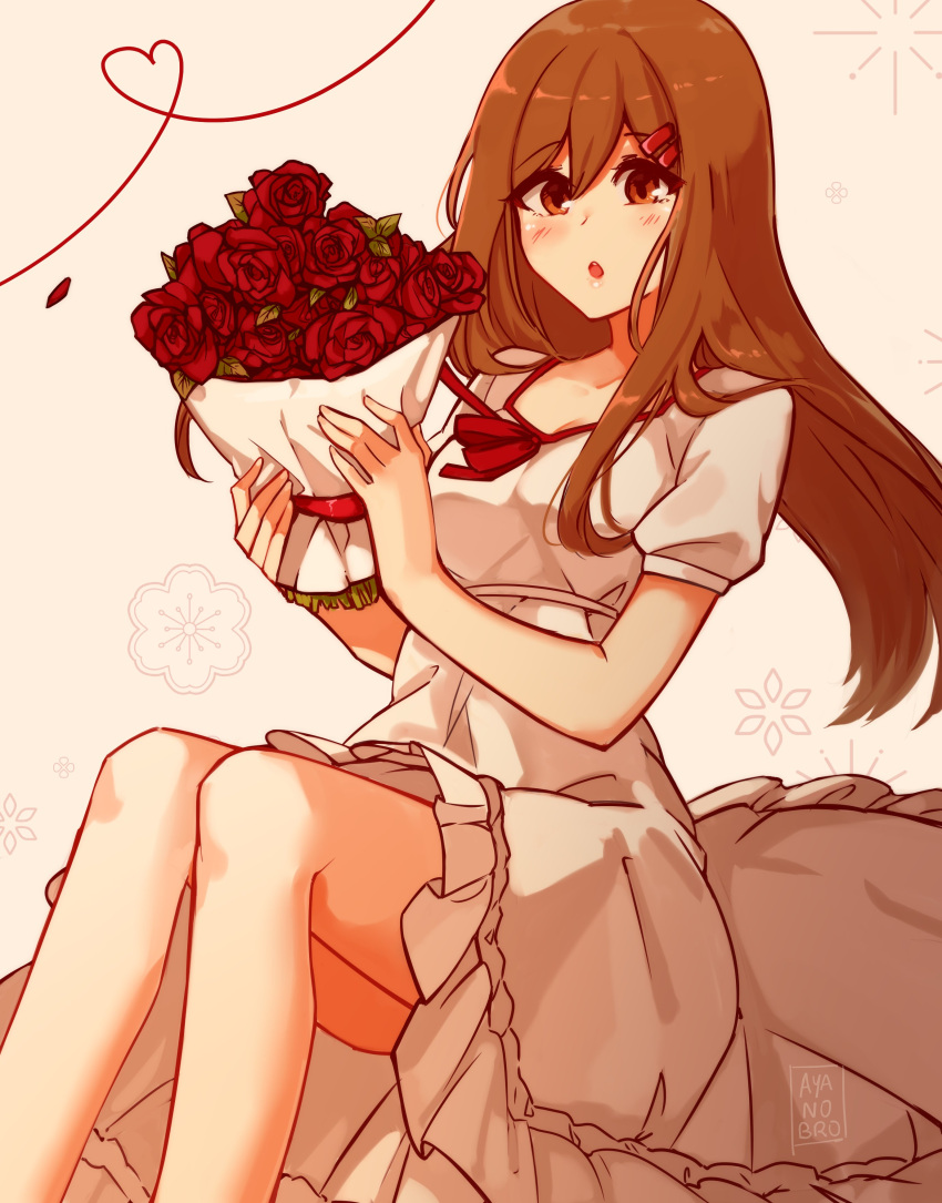 1girl absurdres ayanobro blush bouquet brown_eyes brown_hair dress flower hair_ornament heart highres kagerou_project long_hair open_mouth rose tateyama_ayano