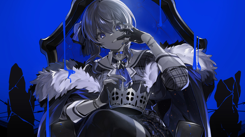 1girl bangs barbed_wire black_choker blue_background blue_eyes blue_neckwear blue_theme bracelet chair choker coat commentary_request crown crown_removed english_text finger_to_mouth fingerless_gloves fur-trimmed_coat fur_trim gloves grin hair_ornament hairclip highres holding holding_crown hololive hoshimachi_suisei jewelry king_(vocaloid) long_sleeves looking_at_viewer lunch_(lunchicken) official_art partially_fingerless_gloves smile solo song_name star_(symbol) star_hair_ornament straight-on teeth thigh-highs throne virtual_youtuber