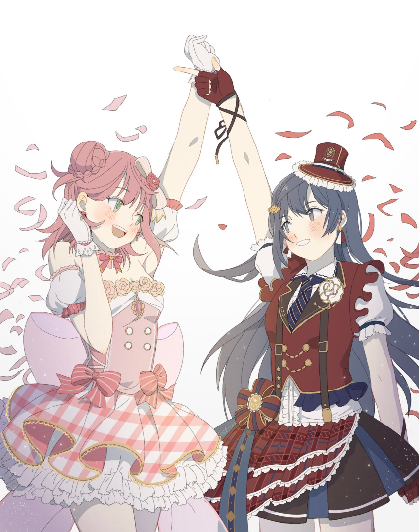 2girls absurdres asymmetrical_clothes back_bow bangs black_eyes black_hair blunt_bangs bow bowtie braid braided_bun buttons chase!_(love_live!) collared_shirt double-breasted dress earrings flower frilled_dress frilled_skirt frills gloves grey_eyes hair_ornament half_gloves half_updo hat heart heart_earrings highres jewelry layered_skirt long_hair love_live! love_live!_nijigasaki_high_school_idol_club medium_hair mini_hat mini_top_hat miniskirt multiple_girls necktie one_side_up orange_hair pink_bow pink_dress pink_flower pink_hair pink_rose pleated_skirt print_sleeves puffy_short_sleeves puffy_sleeves purecyan purple_neckwear red_gloves red_vest rose shirt short_sleeves side_bun skirt striped striped_neckwear suspender_skirt suspenders swept_bangs top_hat uehara_ayumu vest white_gloves yellow_eyes yume_e_no_ippo yuuki_setsuna_(love_live!)