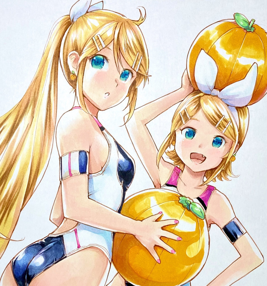 2girls :o arm_up armband ball bangs beachball bikini blonde_hair bow commentary dual_persona earrings fang food food-themed_earrings from_side fruit hair_bow hair_ornament hairclip hand_on_hip highres holding holding_ball holding_beachball jewelry kagamine_rin long_hair looking_at_viewer mayo_riyo multiple_girls object_on_head older one-piece_swimsuit open_mouth orange_(food) ponytail short_hair smile swept_bangs swimsuit upper_body very_long_hair vocaloid white_bow
