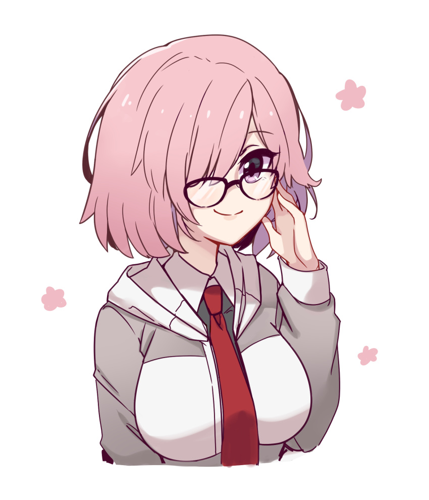 1girl ayanobro blush breasts fate/grand_order fate_(series) glasses hair_over_one_eye hand_on_own_face highres large_breasts mash_kyrielight necktie pink_hair short_hair smile violet_eyes