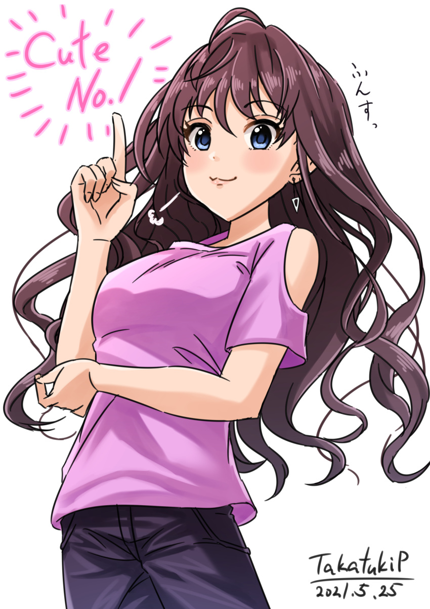 1girl :3 absurdres ahoge bare_shoulders black_pants blue_eyes blush brown_hair clothing_cutout commentary_request dated earrings highres ichinose_shiki idolmaster idolmaster_cinderella_girls jewelry long_hair pants pink_shirt pointing pointing_up shirt shoulder_cutout signature simple_background solo takatsuki_p very_long_hair white_background