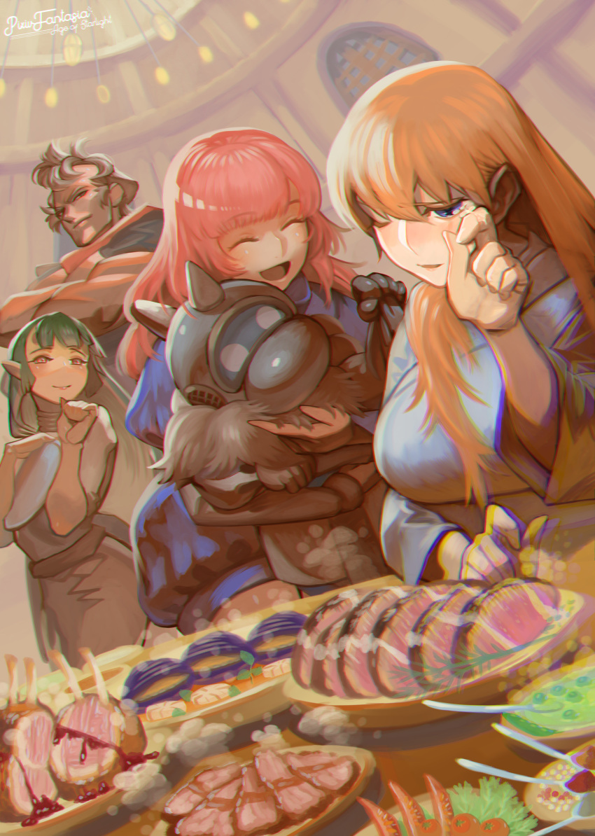 1boy 3girls absurdres brown_hair clams clenched_hand copyright_name crossed_arms food green_hair hand_up highres indoors meat multiple_girls muscular pink_hair pixiv_fantasia pixiv_fantasia_age_of_starlight plate pointy_ears sitting spoon tomatom47240459