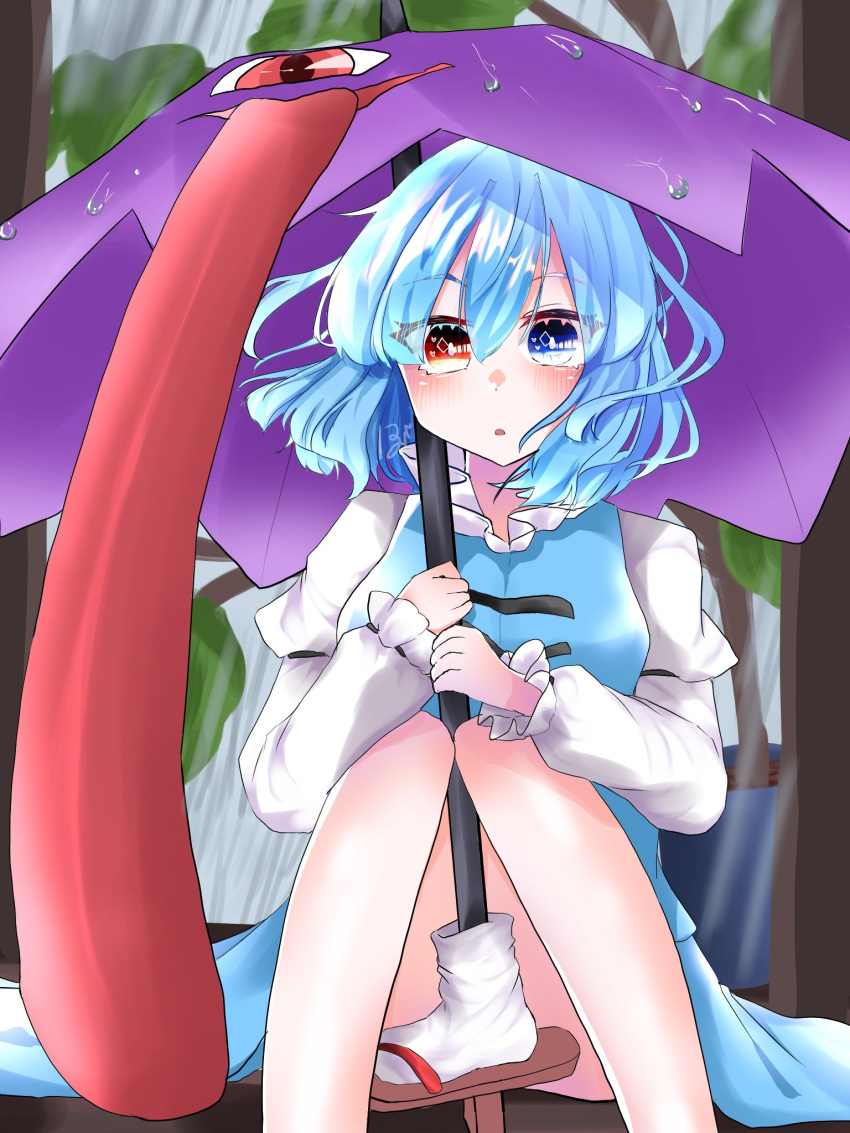 1girl bangs blue_eyes blue_hair cross-laced_clothes eyebrows_visible_through_hair heterochromia highres holding holding_umbrella izumi_no_yasushi_aya juliet_sleeves karakasa_obake long_sleeves looking_at_viewer open_mouth puffy_sleeves purple_umbrella red_eyes shirt short_hair sitting solo tatara_kogasa tongue touhou umbrella white_shirt