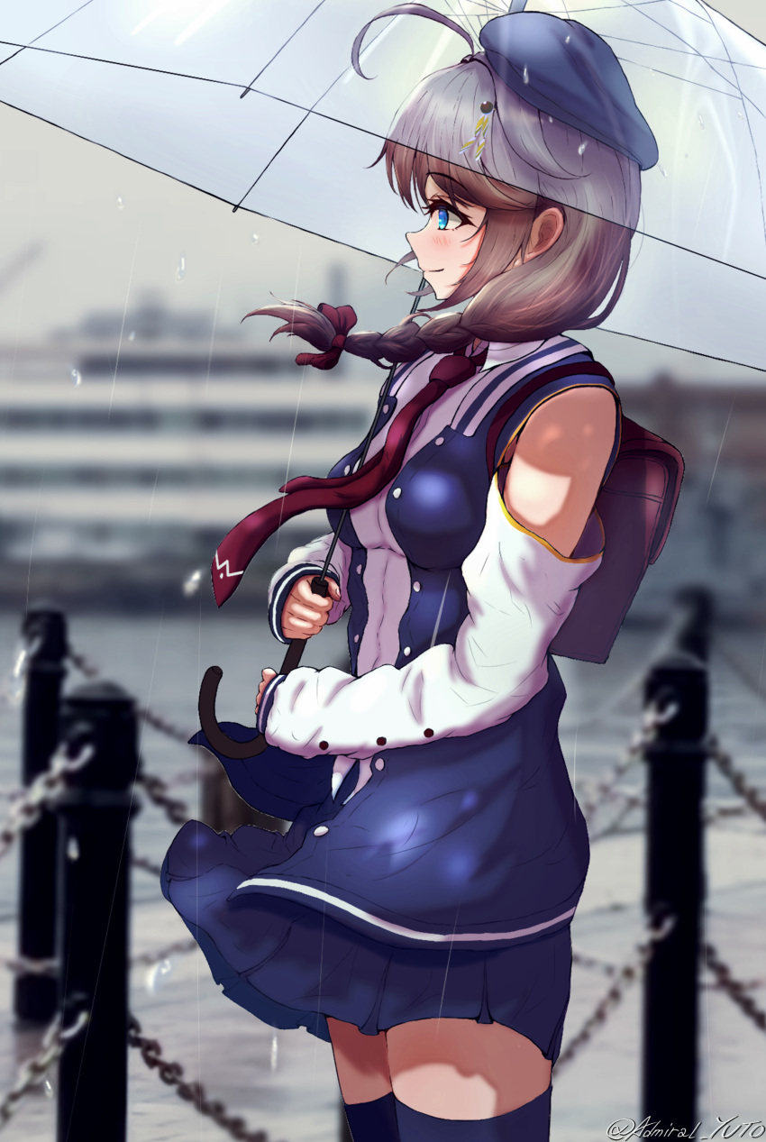 1girl absurdres ahoge bare_shoulders beret black_headwear black_jacket black_legwear black_skirt blue_eyes braid brown_footwear brown_hair commentary_request cowboy_shot detached_sleeves hair_flaps hair_ornament hair_over_shoulder hat highres holding holding_umbrella jacket kantai_collection loafers looking_to_the_side official_alternate_costume photo_background pleated_skirt rain shigure_(kancolle) shigure_kai_ni_(kancolle) shoes single_braid skirt smile solo thigh-highs umbrella yoko_hata