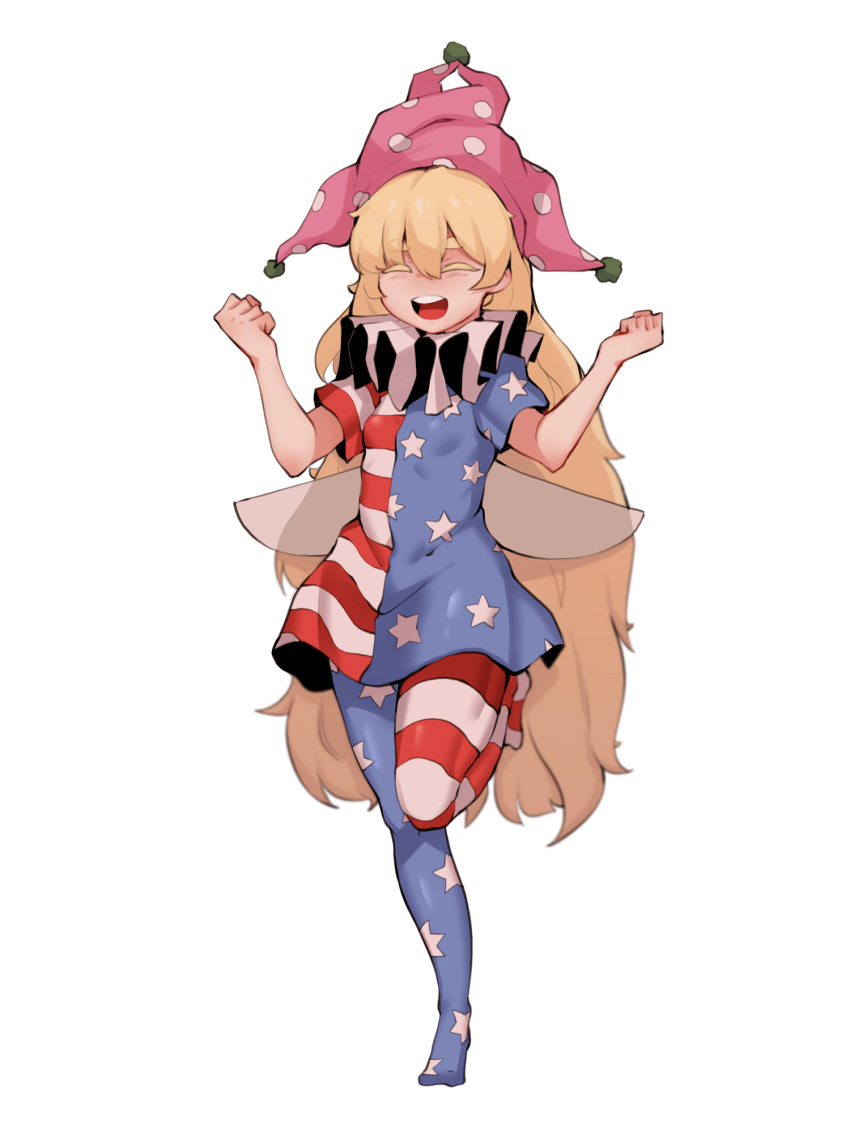 1girl american_flag_dress american_flag_legwear blonde_hair clownpiece doro_au dress facing_viewer fairy_wings full_body hair_between_eyes happy hat highres jester_cap long_hair neck_ruff open_mouth pantyhose pink_headwear short_eyebrows short_sleeves simple_background smile solo standing standing_on_one_leg star_(symbol) star_print thick_eyebrows touhou upper_teeth very_long_hair white_background wings