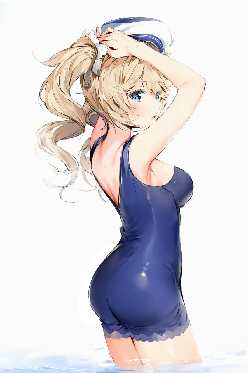 1girl absurdres armpits arms_behind_head arms_up ass back bangs barbara_pegg blonde_hair blue_eyes blue_swimsuit blush breasts commentary_request genshin_impact highres long_hair looking_at_viewer medium_breasts one-piece_swimsuit open_mouth silver_(chenwen) solo swimsuit twintails wading water white_headwear