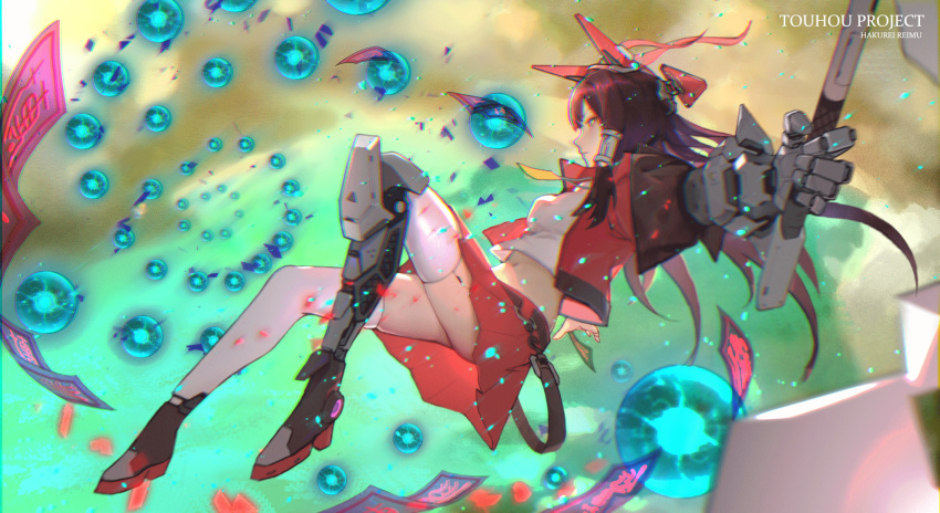 1girl bangs belt black_hair breasts floating_hair hair_ornament hair_ribbon hakurei_reimu highres holding holding_sword holding_weapon jacket kuhnowushi legs long_hair mechanical_arms mechanical_parts red_jacket ribbon robotic_legs shirt single_mechanical_arm skirt solo spell sword touhou weapon white_shirt yellow_eyes