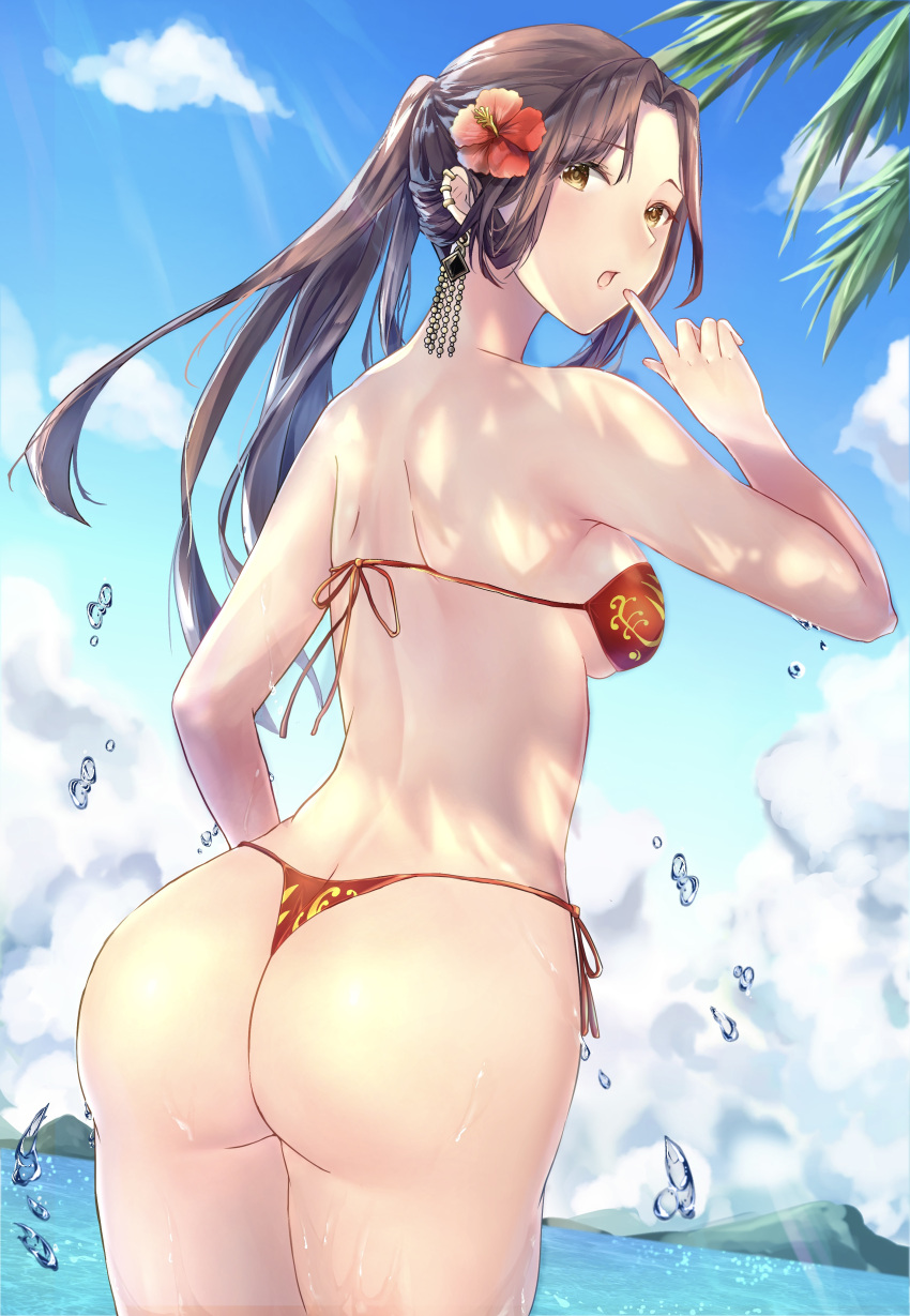 1girl absurdres ass back bare_arms bikini blue_sky breasts brown_eyes brown_hair clouds commentary_request day dead_by_daylight eyebrows_visible_through_hair feng_min flower from_behind hair_flower hair_ornament highres long_hair looking_at_viewer looking_back medium_breasts mountainous_horizon ocean oramikainu outdoors palm_tree ponytail red_bikini shoulder_blades side-tie_bikini sideboob sky solo standing sunlight swimsuit thighs thong thong_bikini tree water_drop wet