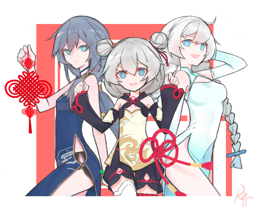 3girls black_hair blue_eyes china_dress chinese_clothes chinese_new_year closed_mouth double_bun dress error1980 fu_hua fu_hua_(valkyrie_accipter) hair_between_eyes highres holding honkai_(series) honkai_impact_3rd kiana_kaslana long_hair long_sleeves looking_at_viewer multiple_girls new_year open_mouth panties ponytail simple_background smile theresa_apocalypse theresa_apocalypse_(valkyrie_pledge) twintails underwear white_background white_hair