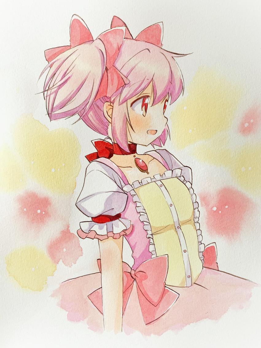 1girl arms_at_sides bangs beige_background bow buttons center_frills choker collarbone cropped_torso eyebrows_visible_through_hair facing_away flat_chest frilled_sleeves frills hair_between_eyes hair_ribbon highres kaname_madoka light_blush light_smile looking_afar mahou_shoujo_madoka_magica oumi_neneha outline parted_lips pink_bow pink_eyes pink_hair pink_ribbon pink_skirt puffy_short_sleeves puffy_sleeves red_background red_choker red_ribbon ribbon ribbon_choker short_sleeves short_twintails simple_background skirt solo soul_gem tareme traditional_media twintails two-tone_background waist_bow watercolor_(medium) white_outline yellow_background