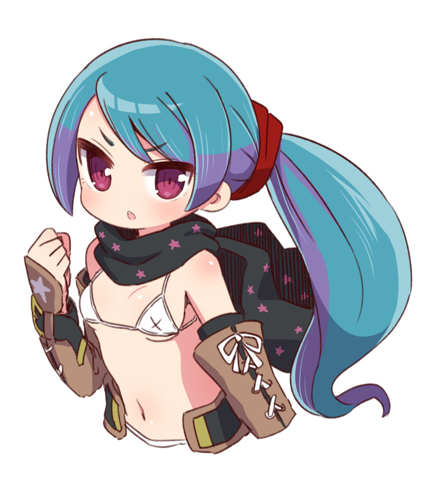1girl 7th_dragon 7th_dragon_(series) arm_guards bare_shoulders bikini black_scarf blue_hair breasts clenched_hand commentary_request cropped_torso hand_up highres long_hair looking_at_viewer melk_(7th_dragon) multicolored_hair naga_u navel parted_lips ponytail purple_hair red_eyes rogue_(7th_dragon) scarf simple_background small_breasts solo streaked_hair swimsuit upper_body upper_teeth very_long_hair white_background white_bikini