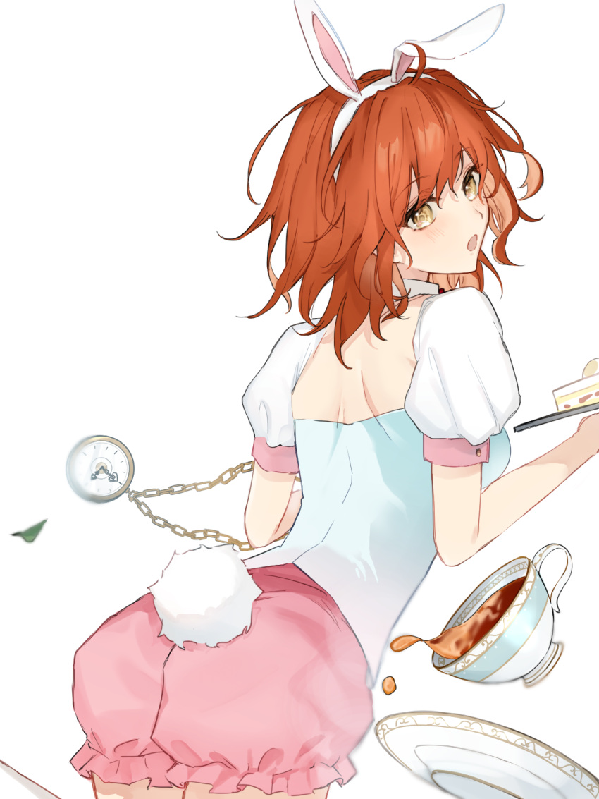 1girl ahoge animal_ears ass back bangs blush breasts bunny_tail cake cup fake_animal_ears fate/grand_order fate_(series) food fujimaru_ritsuka_(female) hair_ornament hair_scrunchie hairband highres looking_at_viewer looking_back medium_breasts one_side_up open_mouth orange_eyes orange_hair pink_shorts plate puffy_short_sleeves puffy_sleeves rabbit_ears revision ringo_2000 saucer scrunchie shirt short_hair short_sleeves shorts solo tail tea teacup white_shirt