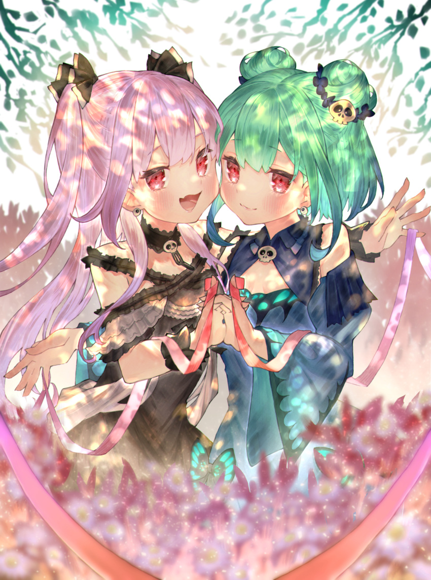2girls :d absurdres arm_around_shoulder arm_around_waist bangs black_dress black_ribbon blue_butterfly blue_dress blurry blurry_background blush brooch bug butterfly commentary_request double_bun dress dual_persona earrings eyebrows_visible_through_hair flower green_hair hair_ornament hair_ribbon highres holding_hands hololive huge_filesize insect jewelry long_hair looking_at_viewer multiple_girls off-shoulder_dress off_shoulder open_mouth pink_hair pink_ribbon red_eyes ribbon rin31153336 short_hair skull_hair_ornament smile two_side_up uruha_rushia virtual_youtuber wrist_cuffs