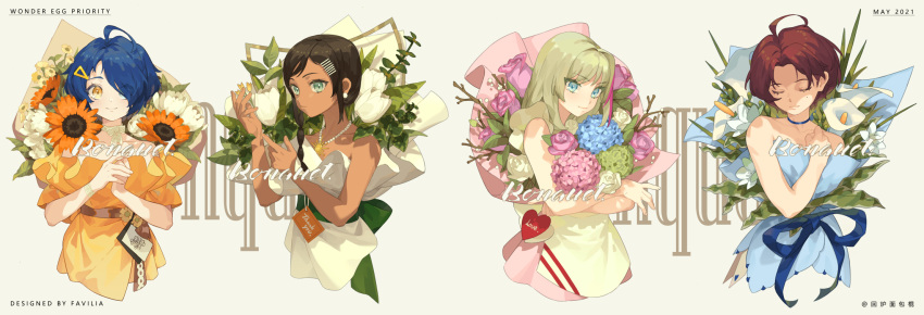 4girls ahoge aonuma_neiru aqua_eyes artist_name bare_arms bare_shoulders beige_dress blue_choker blue_dress blue_eyes blue_flower blue_hair blue_ribbon bouquet bracelet branch brown_hair brown_ribbon chinese_text choker closed_eyes closed_mouth collarbone copyright_name cropped_legs dark-skinned_female dark_skin dated dress earrings english_text eyebrows_visible_through_hair eyes_visible_through_hair favilia flower green_ribbon grey_background grey_hair hair_ornament hair_over_one_eye hairclip hands_together hands_up heart heterochromia highres holding holding_bouquet jewelry kawai_rika leaf long_hair looking_at_viewer mole mole_under_eye multicolored_hair multiple_girls neck_ribbon necklace off-shoulder_dress off_shoulder ooto_ai orange_dress orange_eyes orange_flower pink_flower pink_hair ribbon sawaki_momoe short_hair single_sidelock sleeveless sleeveless_dress smile strapless strapless_dress streaked_hair sunflower symbol_commentary triangle_hair_ornament upper_body waist_bow white_dress white_flower white_ribbon wonder_egg_priority