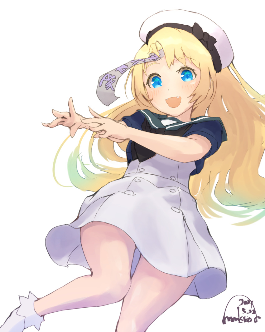 1girl blonde_hair blue_eyes blue_sailor_collar dress fangs gloves hat highres jervis_(kancolle) kantai_collection long_hair mmk ofuda one-hour_drawing_challenge open_mouth sailor_collar sailor_dress sailor_hat short_sleeves simple_background solo white_background white_dress white_gloves white_headwear