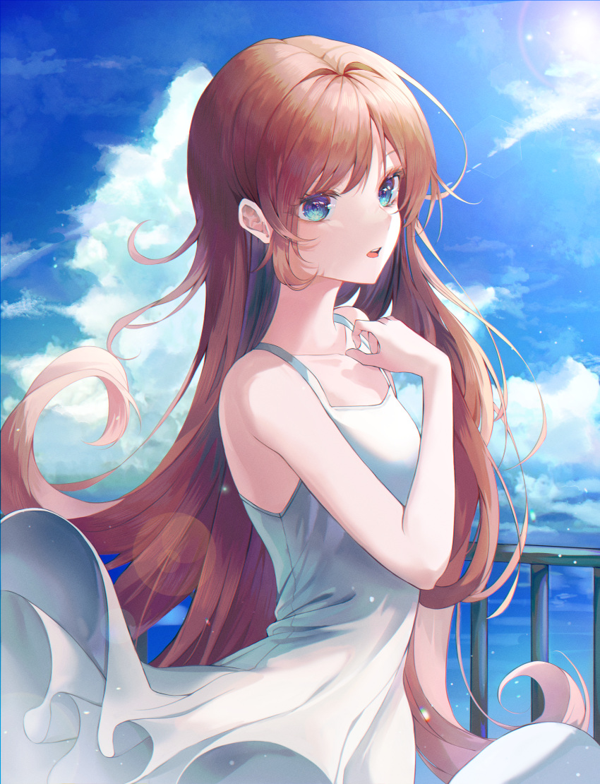 1girl absurdres arm_up bare_shoulders blue_eyes blue_sky breasts clothes_lift clouds collarbone day dress dress_lift hair_behind_ear highres huge_filesize light_particles lisi long_hair looking_at_viewer medium_breasts ocean open_mouth original outdoors railing redhead sidelocks sky tongue upper_teeth water white_dress