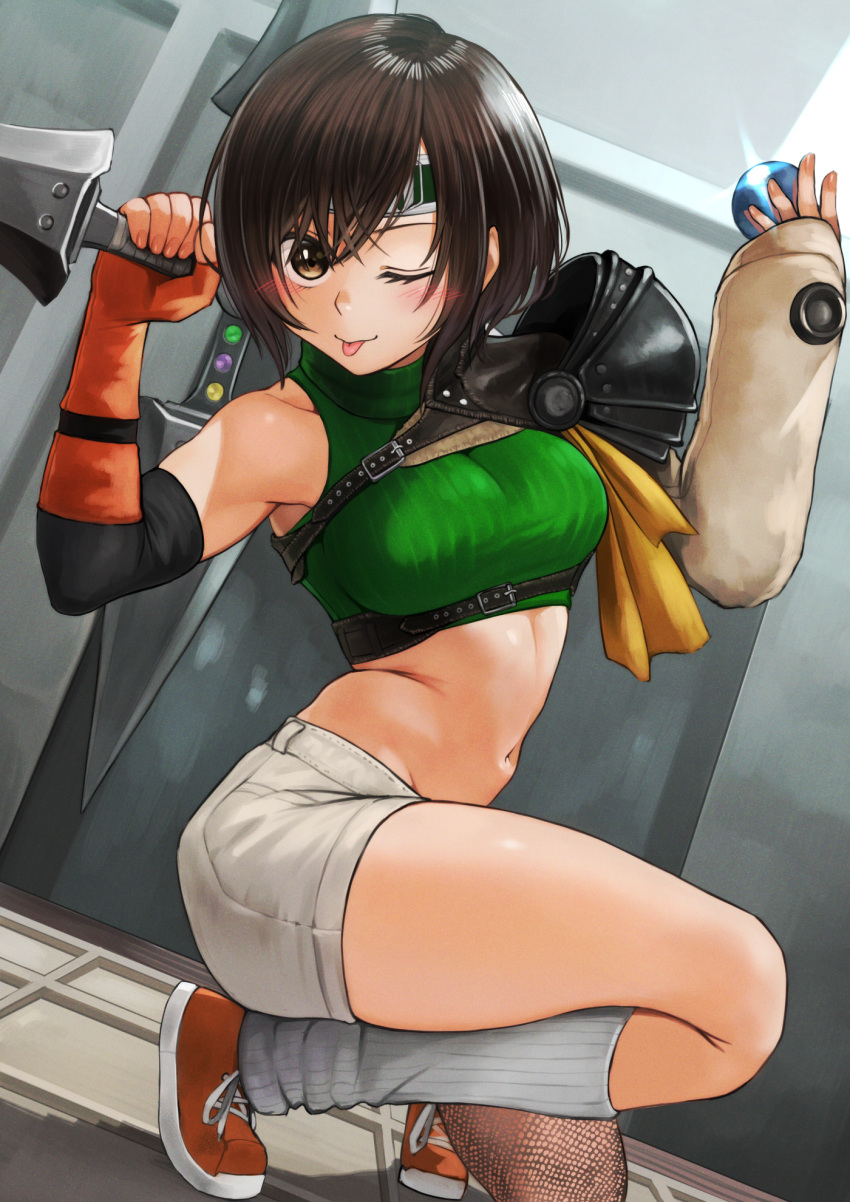 1girl bangs belt breasts brown_belt brown_eyes brown_gloves brown_hair final_fantasy final_fantasy_vii from_side gloves hands_up headband highres holding holding_weapon indoors izawa_koushi kunai large_breasts looking_at_viewer navel ninja one_eye_closed red_footwear shoes short_hair shorts shoulder_plates skindentation solo tongue tongue_out turtleneck weapon white_shorts yuffie_kisaragi