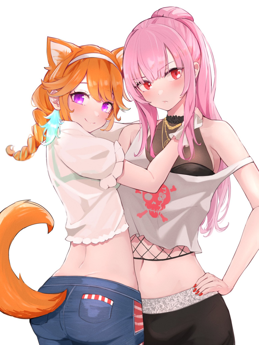 2girls animal_ears ass bare_shoulders cat_ears cat_tail crop_top denim denim_shorts earrings eyebrows_visible_through_hair feather_earrings feathers gradient_hair highres hitsujisnow hololive hololive_english jewelry midriff mori_calliope multicolored_hair navel official_alternate_costume orange_hair pants pink_hair ponytail red_eyes see-through shorts smile tail takanashi_kiara track_pants violet_eyes virtual_youtuber yuri