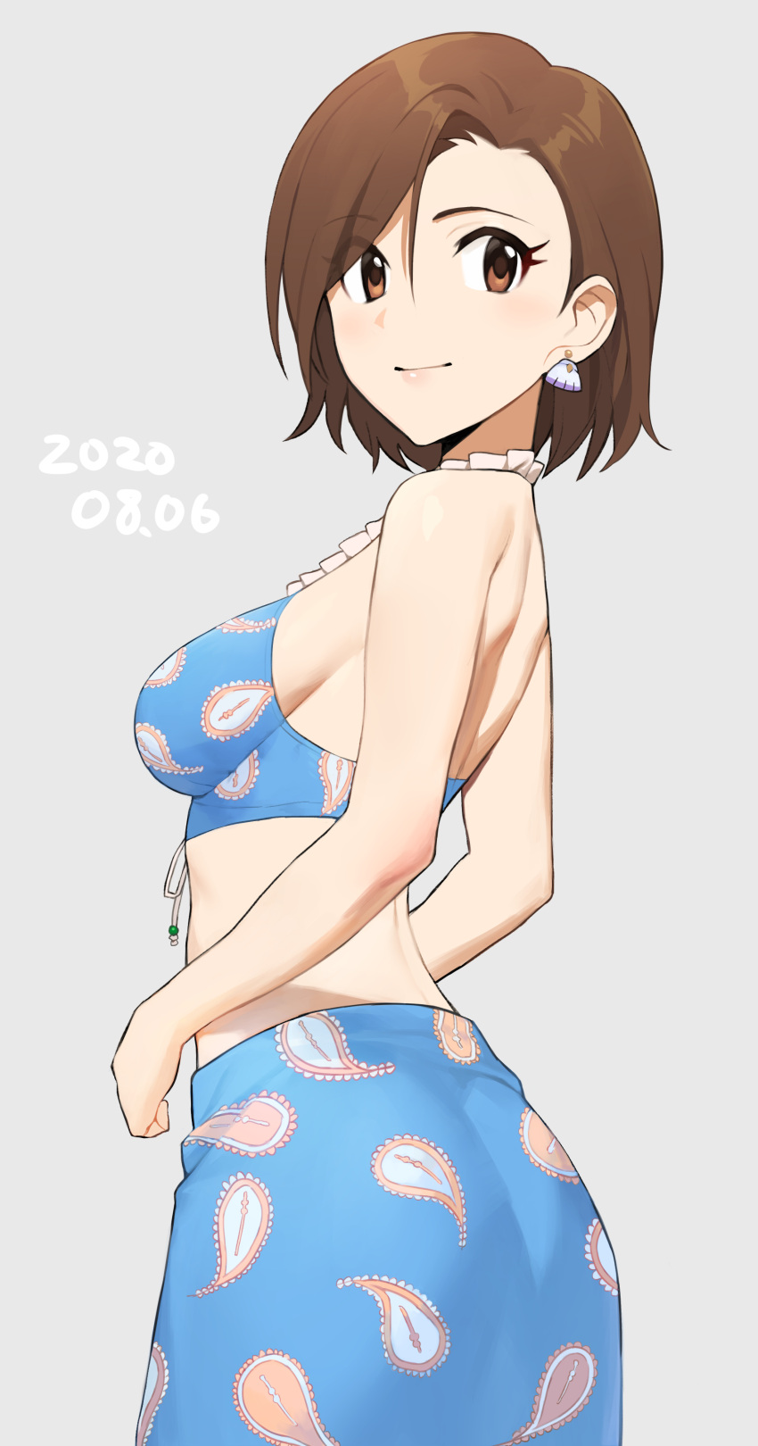 absurdres bare_shoulders bikini bikini_top blue_bikini blue_skirt breasts brown_eyes brown_hair closed_mouth cowboy_shot dated earrings eyebrows_visible_through_hair from_side grey_background highres idolmaster idolmaster_cinderella_girls jewelry looking_at_viewer looking_to_the_side medium_breasts mizuki_seira onao print_bikini print_skirt shell shell_earrings short_hair sideboob simple_background skirt smile swimsuit