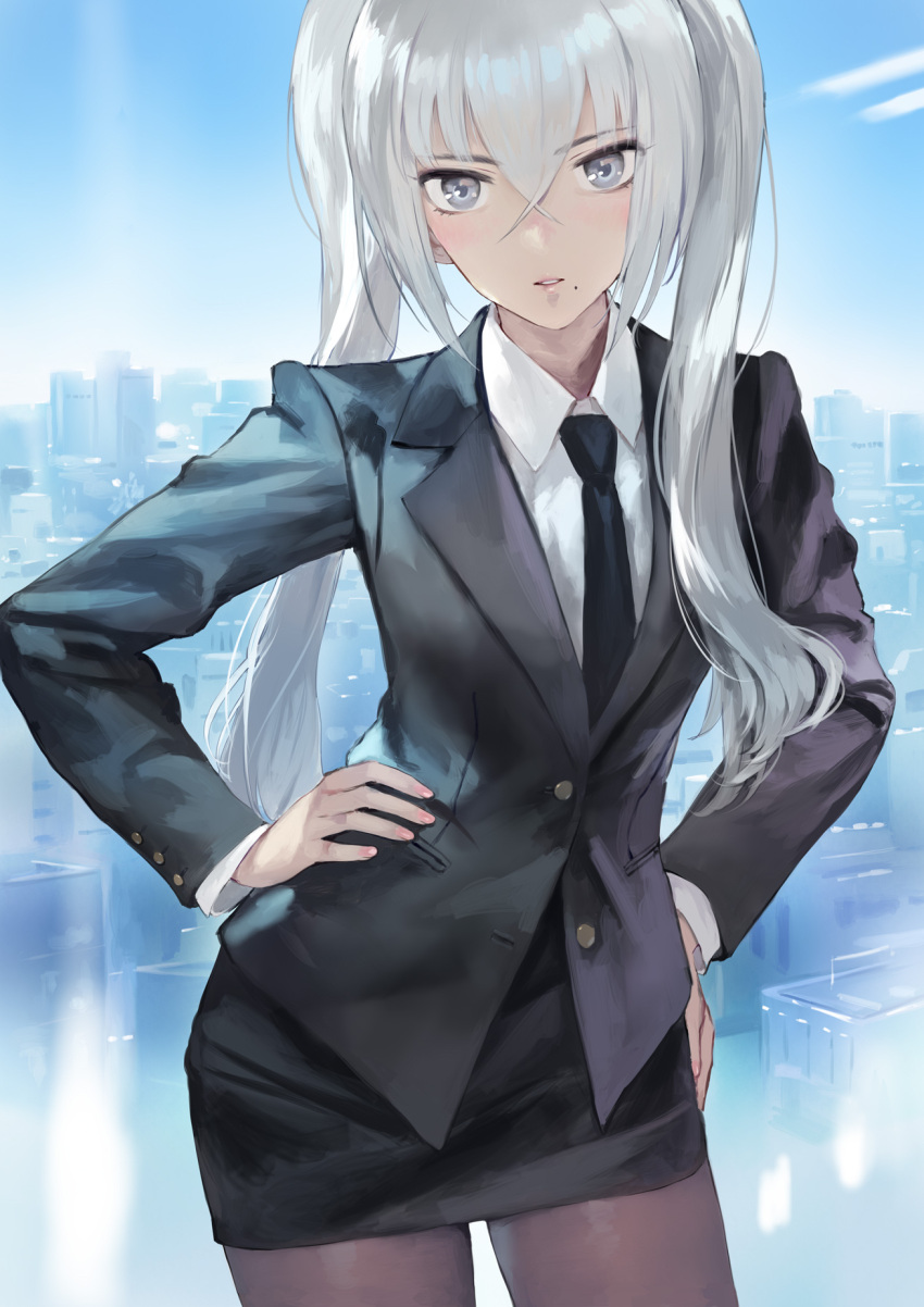 1girl black_jacket black_neckwear black_skirt blazer blue_sky clouds commentary_request cowboy_shot day grey_eyes grey_legwear hair_between_eyes hands_on_hips highres jacket long_hair long_sleeves looking_at_viewer matsuda_(matsukichi) mole mole_under_mouth necktie original pantyhose parted_lips pencil_skirt shirt silver_hair skirt sky solo standing twintails white_shirt