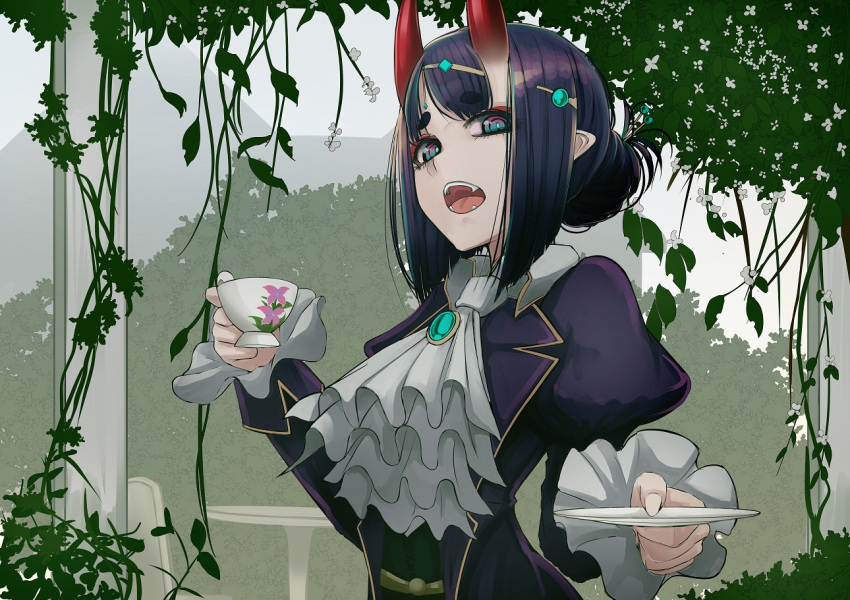 1girl alternate_costume b.d bangs black_coat bob_cut breasts brooch circlet coat cravat cup eyeliner fangs fate/grand_order fate_(series) hair_bun horns jewelry juliet_sleeves long_sleeves looking_at_viewer makeup oni oni_horns open_mouth pointy_ears puffy_sleeves purple_hair saucer short_hair shuten_douji_(fate) skin-covered_horns small_breasts solo teacup violet_eyes