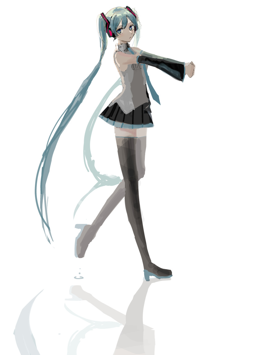 1girl absurdres aqua_eyes aqua_hair aqua_neckwear azu_(azukagamine) bare_shoulders black_legwear black_skirt black_sleeves bloom boots commentary detached_sleeves expressionless from_side full_body grey_shirt hair_ornament hatsune_miku headphones high_heels highres interlocked_fingers long_hair looking_at_viewer looking_to_the_side miniskirt necktie outstretched_arms pleated_skirt reflection shirt sketch skirt sleeveless sleeveless_shirt solo stretch thigh-highs thigh_boots twintails very_long_hair vocaloid walking white_background zettai_ryouiki