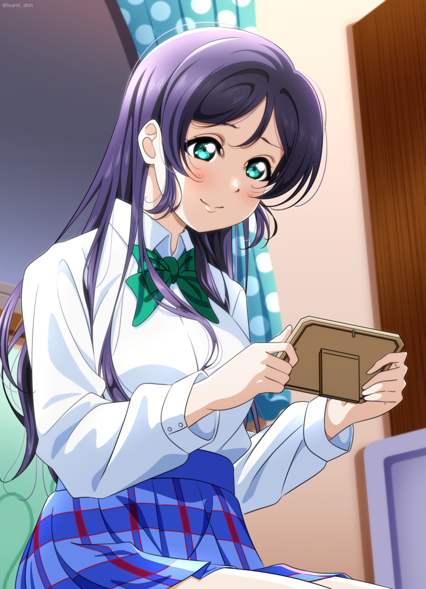 1girl absurdres aqua_eyes blue_skirt bow bowtie breasts closed_mouth green_neckwear highres holding_picture indoors isami_don long_hair long_sleeves love_live! love_live!_school_idol_project medium_breasts otonokizaka_school_uniform plaid plaid_skirt pleated_skirt purple_hair school_uniform shirt shirt_tucked_in skirt solo striped striped_neckwear toujou_nozomi white_shirt