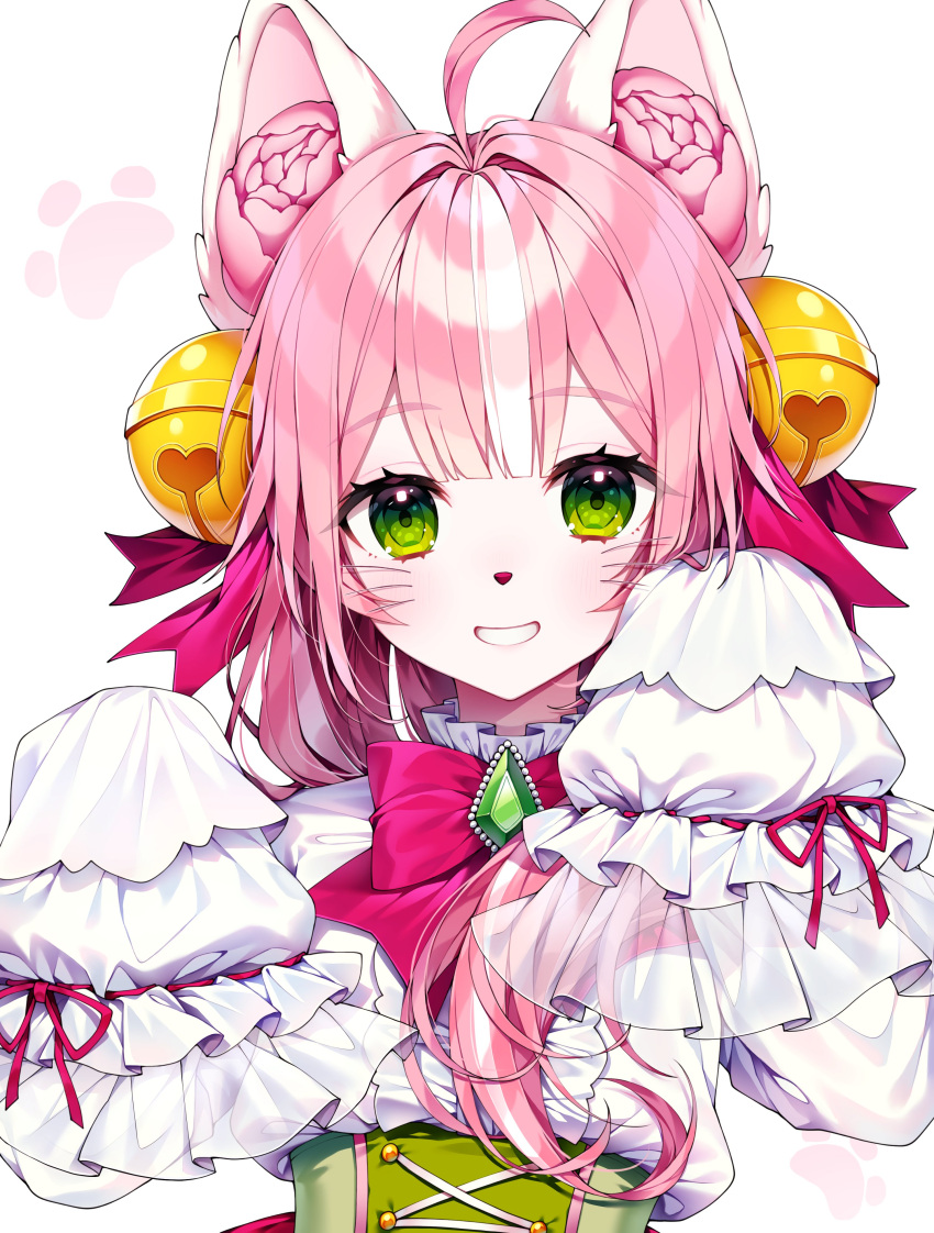 1girl absurdres ahoge animal_ears bangs bell blunt_bangs blush bow center_frills copyright_request corset eyebrows_visible_through_hair fox_ears frills gem green_eyes grin ha_youn hair_ornament hair_ribbon hands_up highres jingle_bell long_sleeves looking_at_viewer paw_print paws pink_bow pink_hair red_ribbon ribbon shirt simple_background sleeves_past_fingers sleeves_past_wrists smile solo whiskers white_background white_hair white_shirt