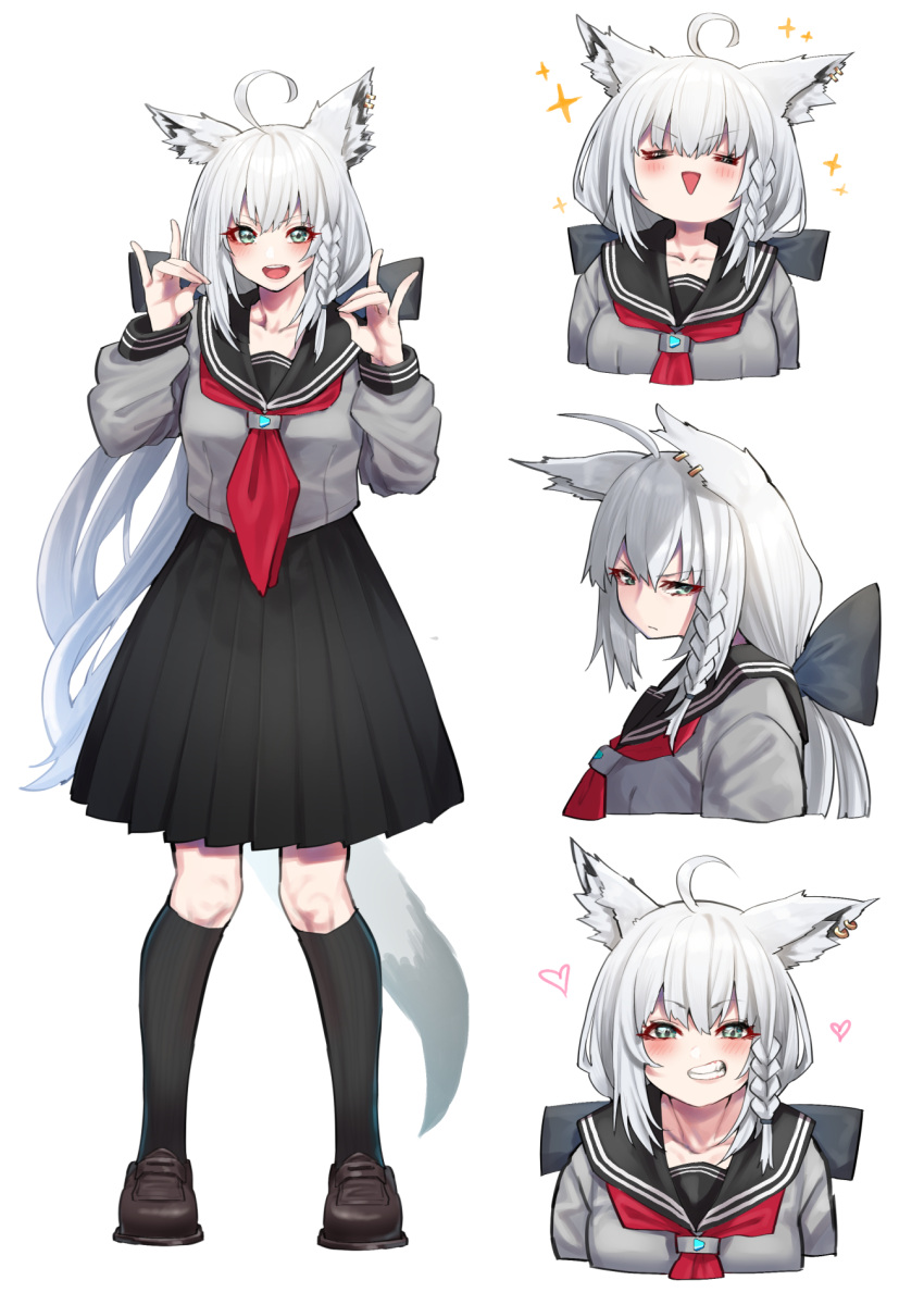 1girl :d =_= ahoge alternate_costume animal_ear_fluff animal_ears black_legwear black_skirt blush bow braid cropped_torso eyebrows_visible_through_hair fox_ears fox_girl fox_tail full_body green_eyes grey_serafuku grin hair_bow heart highres hololive kneehighs loafers long_hair long_sleeves looking_at_viewer mikan_(chipstar182) multiple_views neckerchief open_mouth pleated_skirt sailor_collar school_uniform scowl serafuku shirakami_fubuki shoes side_braid silver_hair simple_background skirt smile sparkle standing tail triangle_mouth v-shaped_eyebrows virtual_youtuber white_background