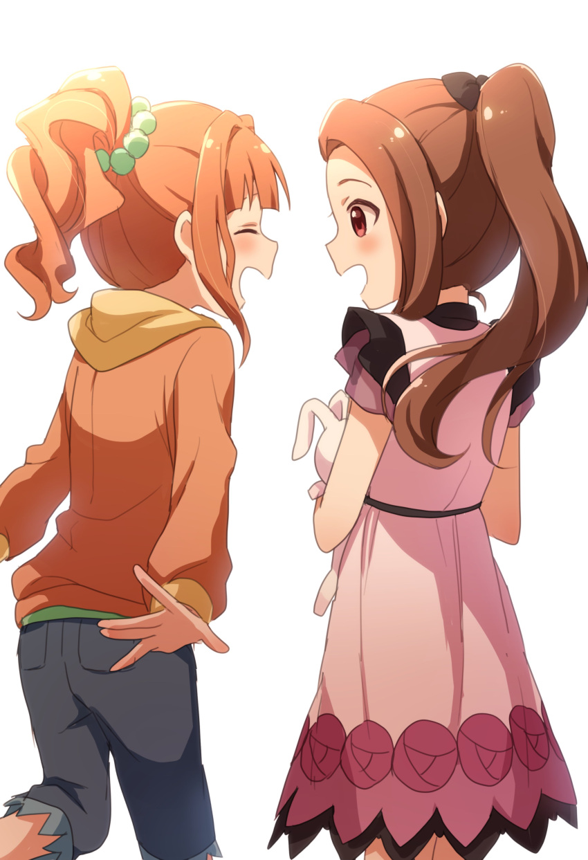 2girls absurdres alternate_hairstyle bangs black_border black_pants border bow brown_hair buchi_(y0u0ri_) closed_eyes commentary dress facing_another from_behind green_scrunchie hair_bow hair_ornament hair_scrunchie hair_up highres holding holding_stuffed_toy hood hood_down hoodie idolmaster idolmaster_(classic) long_sleeves looking_at_another medium_dress medium_hair minase_iori multiple_girls open_mouth orange_hoodie pants pink_dress ponytail red_eyes scrunchie simple_background sleeveless sleeveless_dress smile standing standing_on_one_leg stuffed_animal stuffed_bunny stuffed_toy takatsuki_yayoi white_background