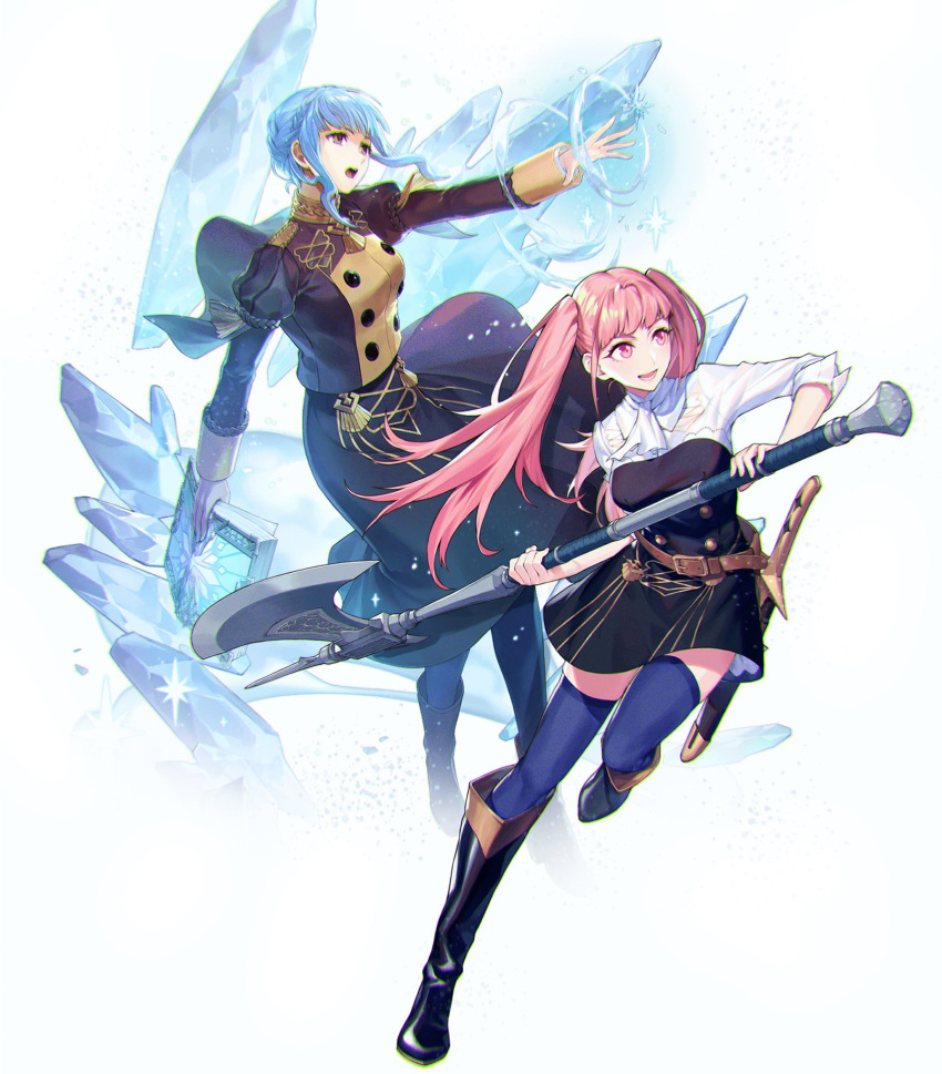 axe bambi_(cozybambii) blue_hair boots breasts brown_eyes cryokinesis fire_emblem fire_emblem:_three_houses full_body garreg_mach_monastery_uniform highres hilda_valentine_goneril holding holding_axe ice marianne_von_edmund medium_breasts pink_eyes pink_hair simple_background white_background