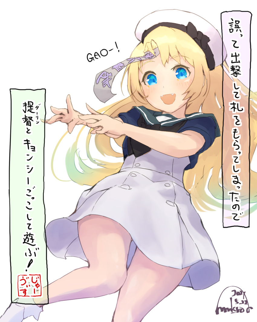 1girl blonde_hair blue_eyes blue_sailor_collar commentary_request dress fangs gloves hat highres jervis_(kancolle) kantai_collection long_hair mmk ofuda one-hour_drawing_challenge open_mouth sailor_collar sailor_dress sailor_hat short_sleeves simple_background solo translation_request white_background white_dress white_gloves white_headwear