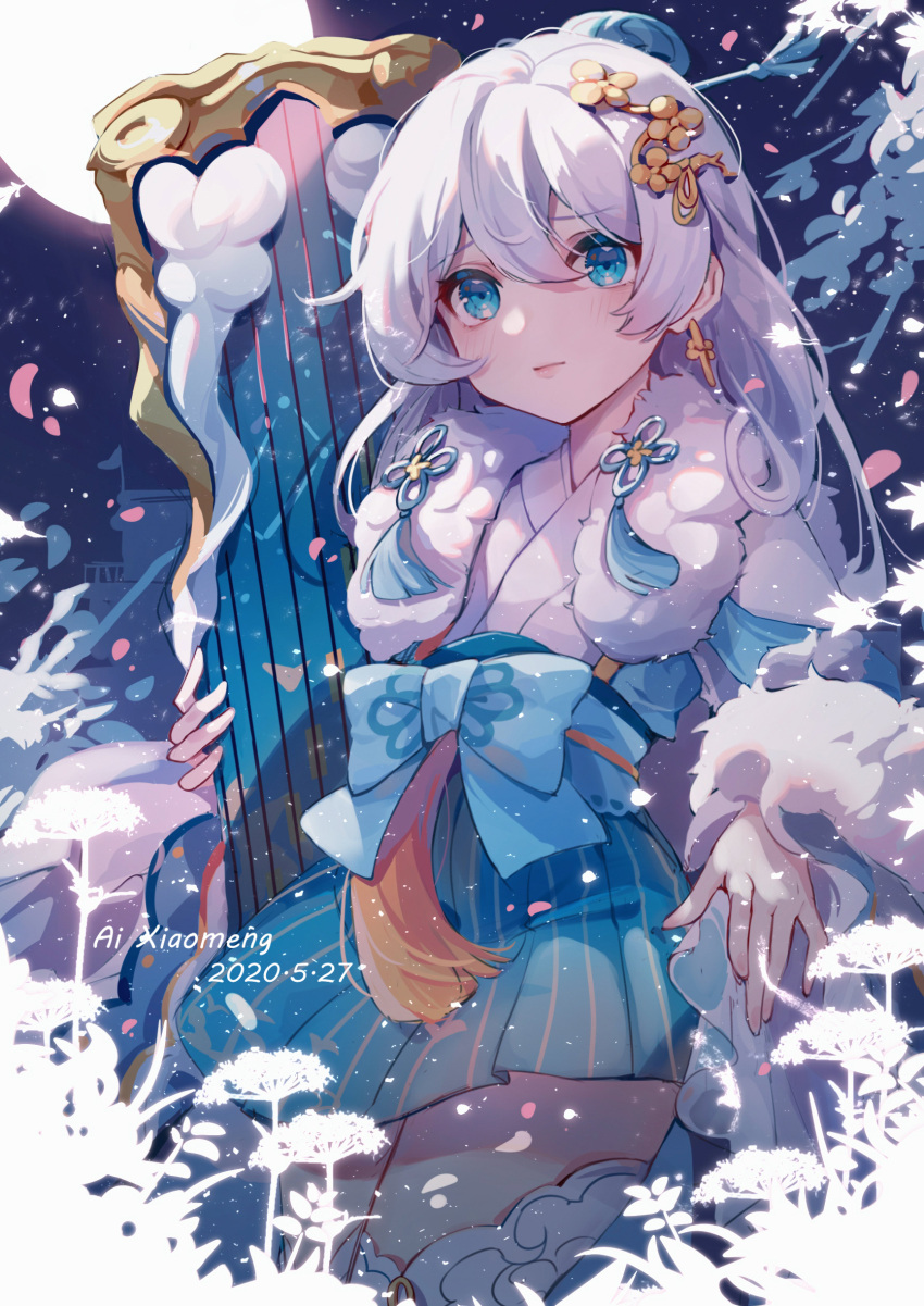 1girl absurdres ai_xiao_meng bangs blue_eyes closed_mouth cross_(weapon) earrings flower hair_between_eyes hair_ornament harp highres holding holding_instrument holding_weapon honkai_(series) honkai_impact_3rd instrument jewelry leaf long_hair long_sleeves looking_afar moon night night_sky petals skirt sky solo theresa_apocalypse theresa_apocalypse_(starlit_astrologos) weapon white_hair white_legwear zhuge_kongming_(honkai_impact)