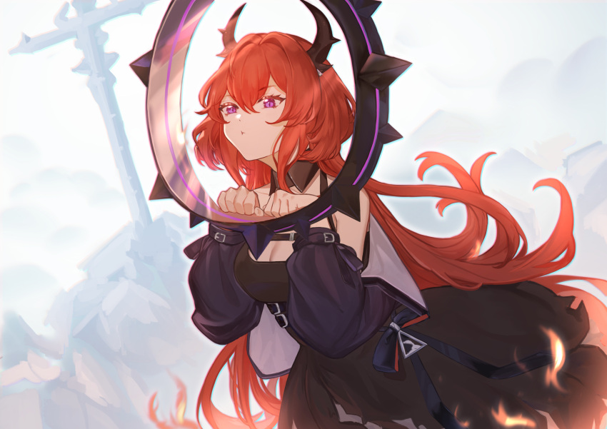 1girl arknights collar demon_girl demon_horns dress evening highres horns kneehighs long_hair looking_at_viewer redhead solo spiked_collar spikes surtr_(arknights) violet_eyes yan_er10