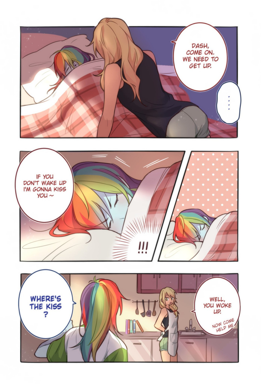 ! !! ... 2girls ? applejack apron bare_shoulders blonde_hair closed_eyes commentary_request dcon_34 english_text eyebrows_visible_through_hair highres image_sample kitchen light_blush lying multicolored_hair multiple_girls my_little_pony on_side pillow rainbow_dash sink speech_bubble twitter_sample yuri