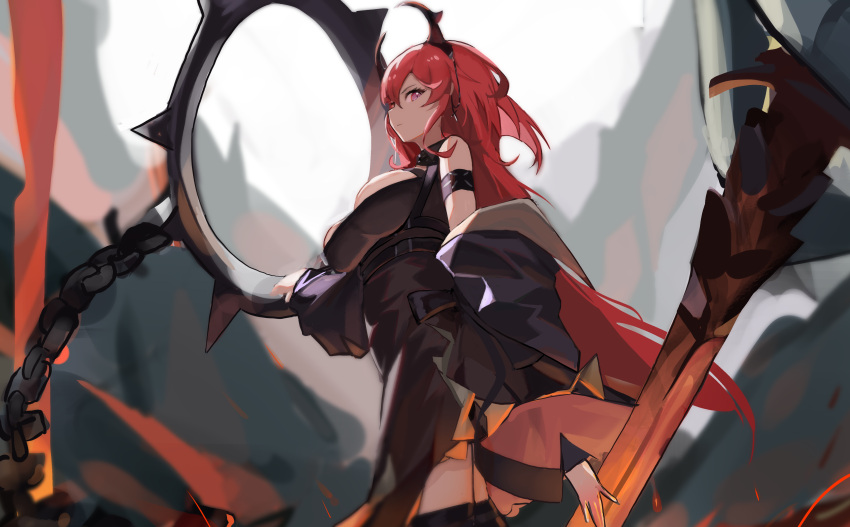 1girl absurdres arknights breasts collar demon_girl demon_horns dress highres horns huge_filesize kneehighs long_hair looking_at_viewer redhead roupo99 solo spiked_collar spikes surtr_(arknights) sword violet_eyes weapon