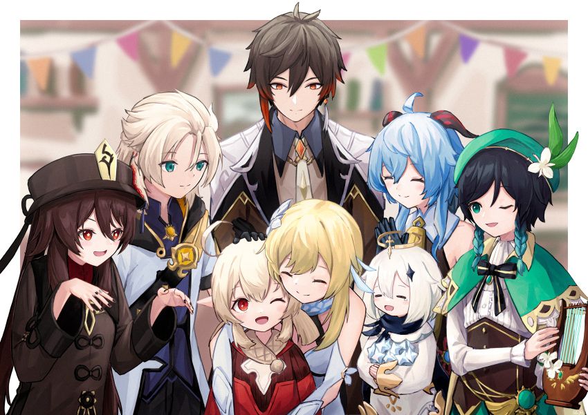 3boys 5girls :d ;d ^_^ ^o^ absurdres ahoge albedo_(genshin_impact) bangs bell belt black_hair blonde_hair blue_eyes blue_hair blurry braid brown_scarf capelet carrying closed_eyes commentary_request depth_of_field detached_sleeves ebiry_fy eyebrows_visible_through_hair eyeshadow flower ganyu_(genshin_impact) gem genshin_impact gradient_hair green_eyes hair_between_eyes hair_flower hair_ornament harp hat hat_flower height_difference highres holding holding_instrument horns hu_tao_(genshin_impact) hug hug_from_behind instrument klee_(genshin_impact) light_brown_hair long_hair long_sleeves looking_at_viewer low_twintails lumine_(genshin_impact) makeup multicolored_hair multiple_boys multiple_girls necktie one_eye_closed open_mouth orange_eyes paimon_(genshin_impact) pointy_ears primogem red_eyes scarf short_hair short_hair_with_long_locks sidelocks size_difference smile twin_braids twintails venti_(genshin_impact) white_hair zhongli_(genshin_impact)