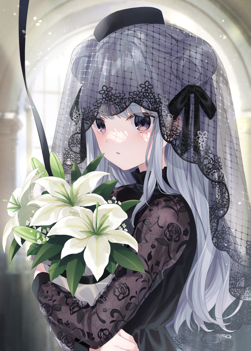 1girl absurdres bangs black_hair black_headwear black_ribbon blurry blurry_background bouquet commentary_request double_bun eyebrows_visible_through_hair floral_print flower hair_ribbon hat highres jimmy_madomagi long_hair long_sleeves looking_at_viewer object_hug original parted_lips print_sleeves ribbon silver_hair solo upper_body veil violet_eyes white_flower