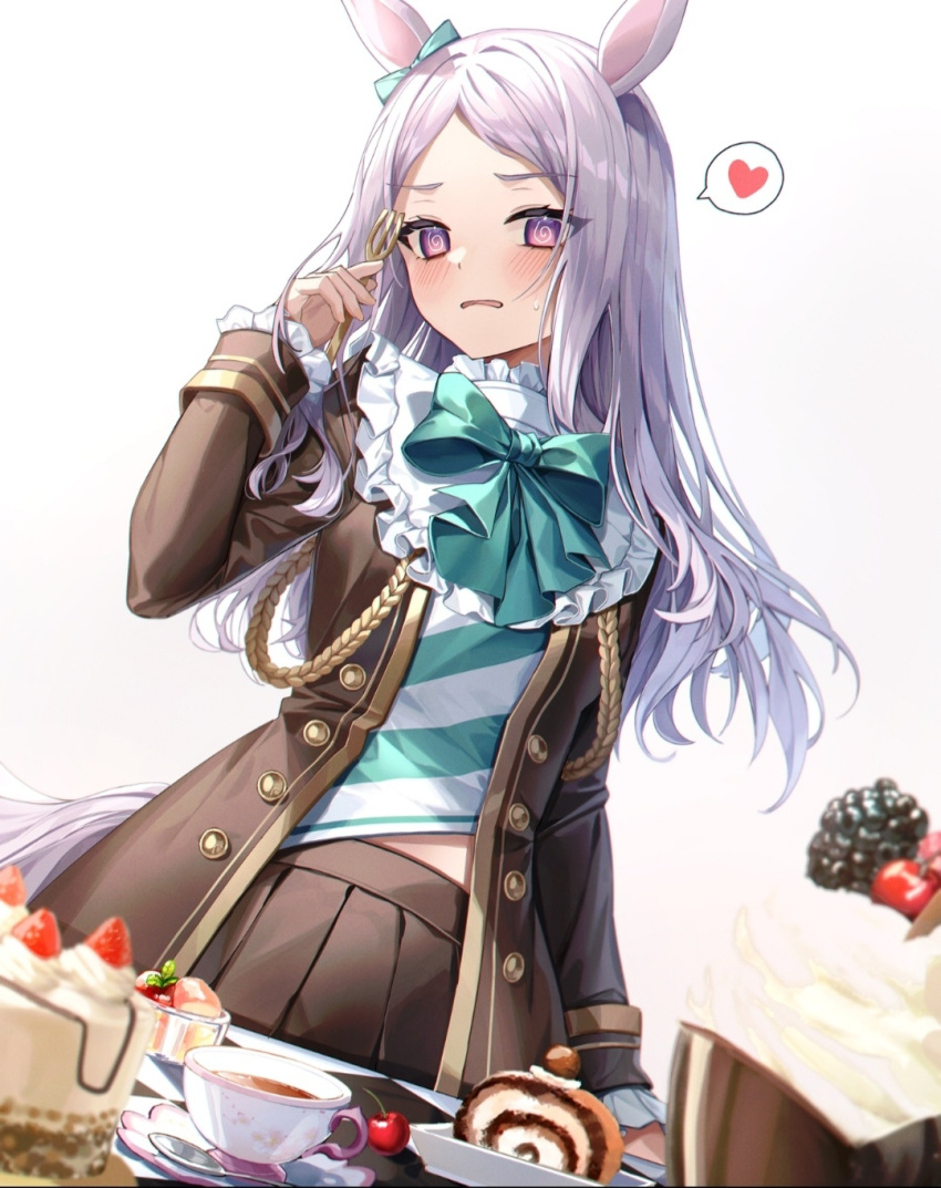 1girl @_@ animal_ears aqua_bow bangs black_jacket black_legwear blush bow cake commentary_request cup ear_bow eyebrows_visible_through_hair eyes_visible_through_hair food fork frilled_sleeves frills fruit hand_up heart highres holding holding_fork horse_ears horse_girl horse_tail jacket long_hair looking_at_food looking_at_viewer mejiro_mcqueen_(umamusume) minttchocok pleated_skirt purple_hair skirt solo spoken_heart strawberry striped sweatdrop sweets table tail umamusume violet_eyes white_background